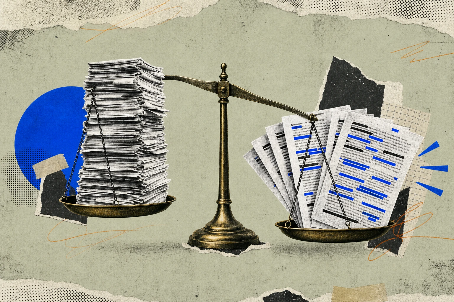 A tall six-figure invoice stack on one side of a brass balance scale, counterweighted on the other by a fanned-out sheaf of highlighted transcript pages , the scale tipping toward whichever side carri