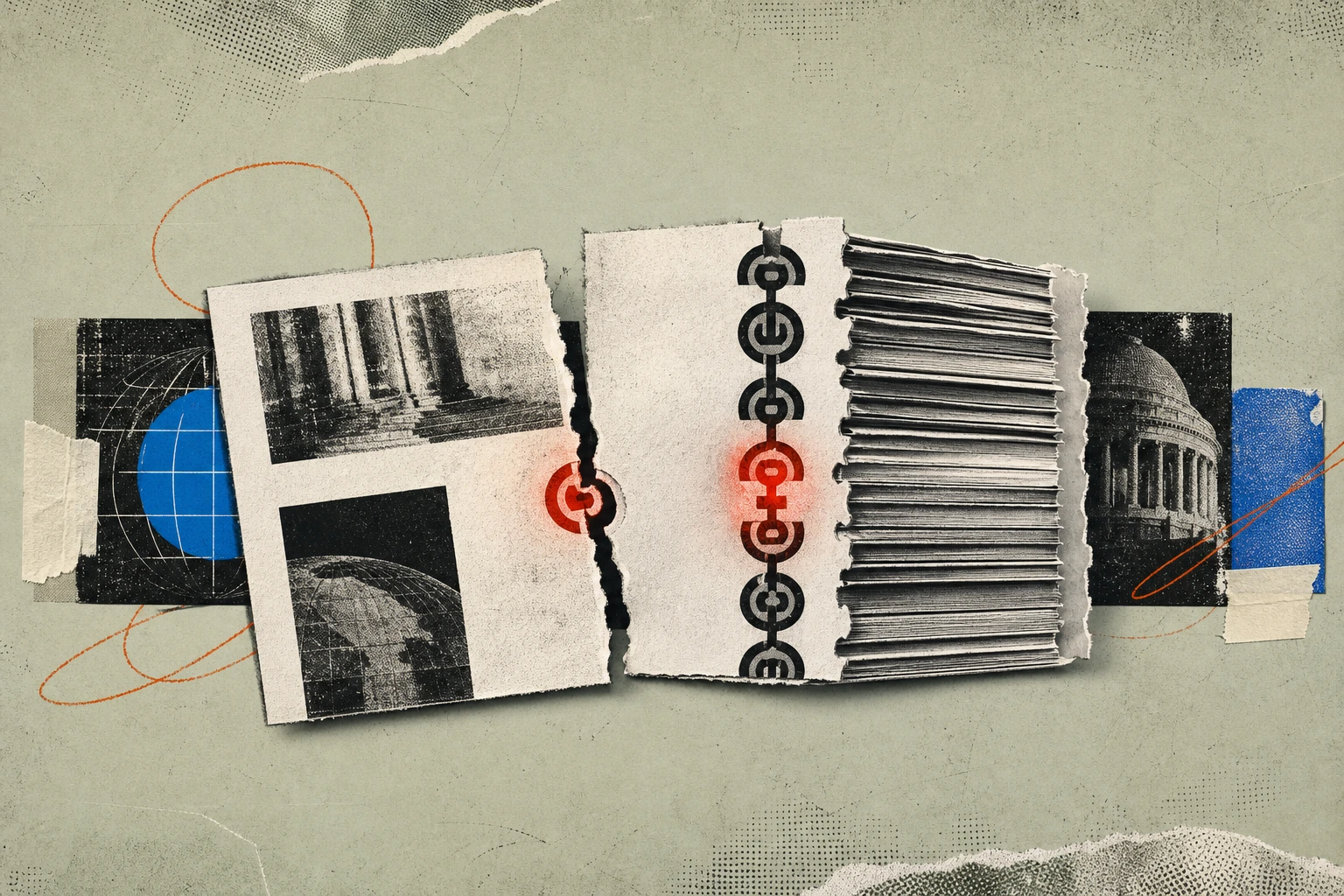 A stack of transcript pages fused together along their right edge by a column of interlocking cryptographic sigils , where a loose page has been torn free, the missing sigil glows red on both the page