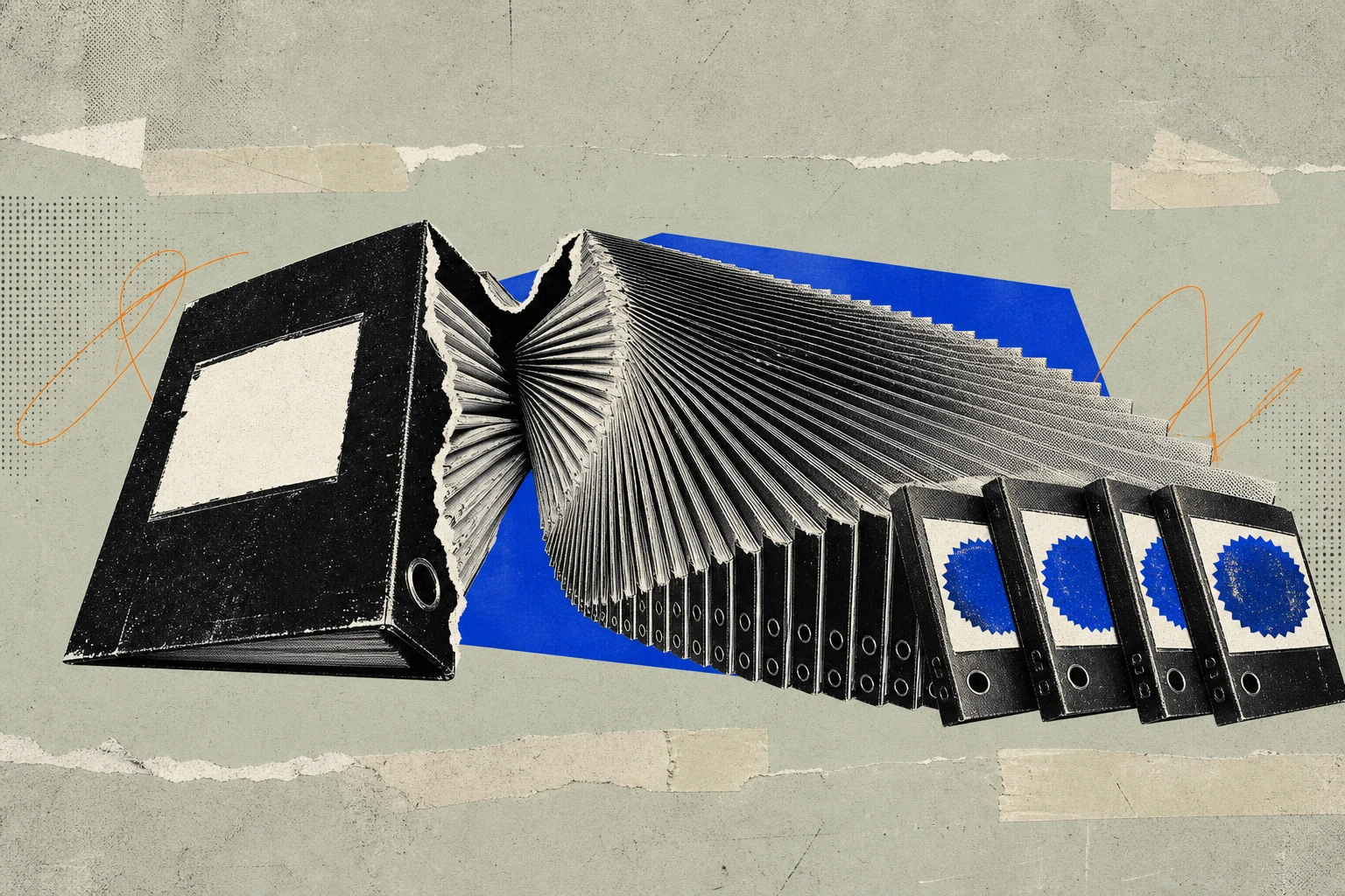A single, oversized commercial due-diligence report binder splitting apart at the spine into thousands of thinner identical binders cascading outward like a fanned deck of cards, a small handful at th