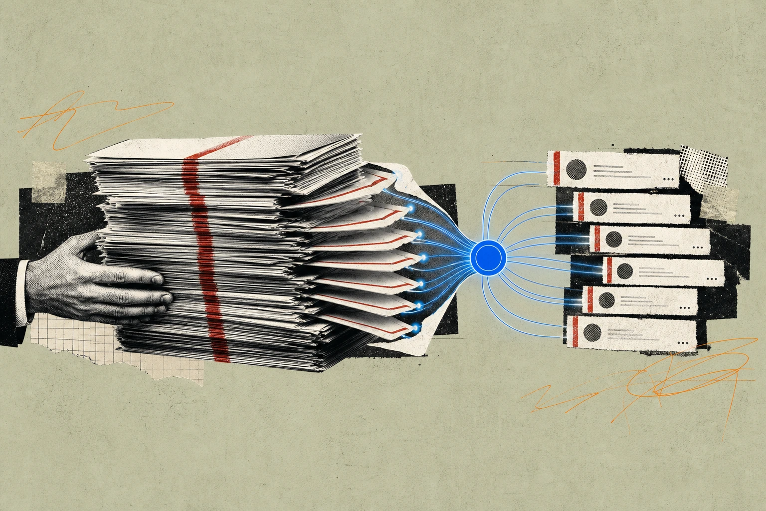 A towering stack of confidential deal documents, each page edge-striped with a continuous red audit-trail watermark, transforming mid-stack into a fanned array of live query threads pulled cleanly out