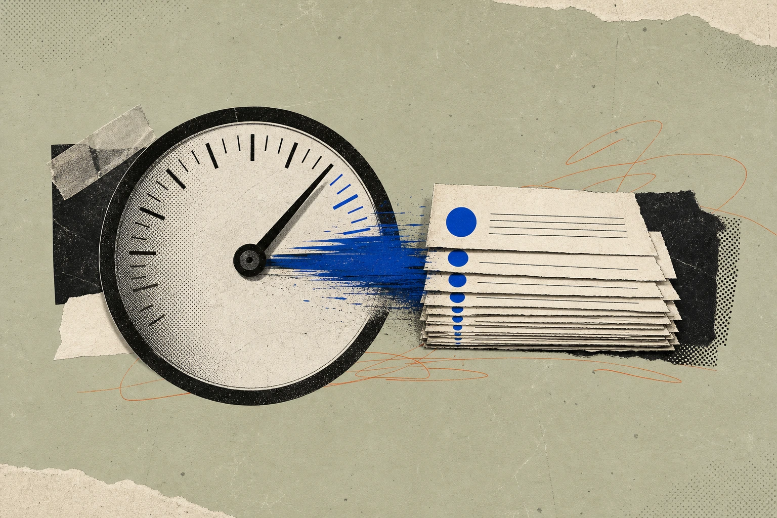 A tall call-meter dial mid-tick, its needle bleeding sideways into a clean stack of numbered written-question memos that grow shorter and more compressed with each sheet, replacing the dial's spin wit