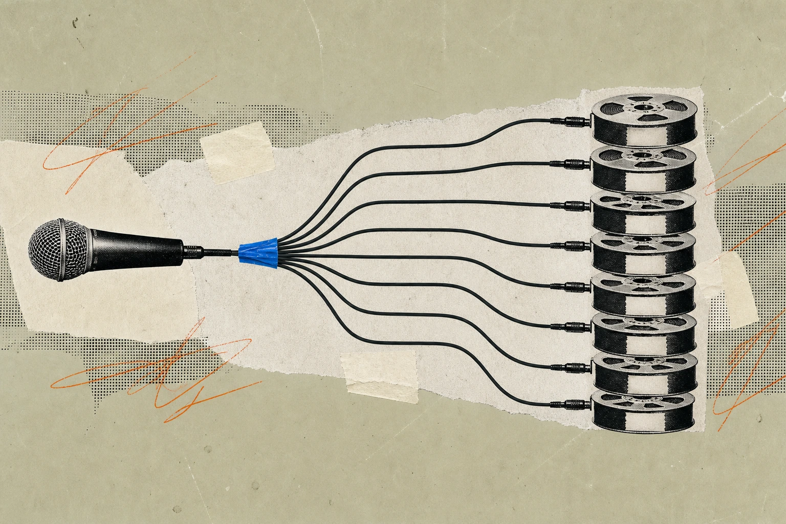 A microphone cable splitting mid-run into seven parallel branches, each terminating in a different compliance-tagged recording spool, visualizing how one supervised call fractures into seven distinct