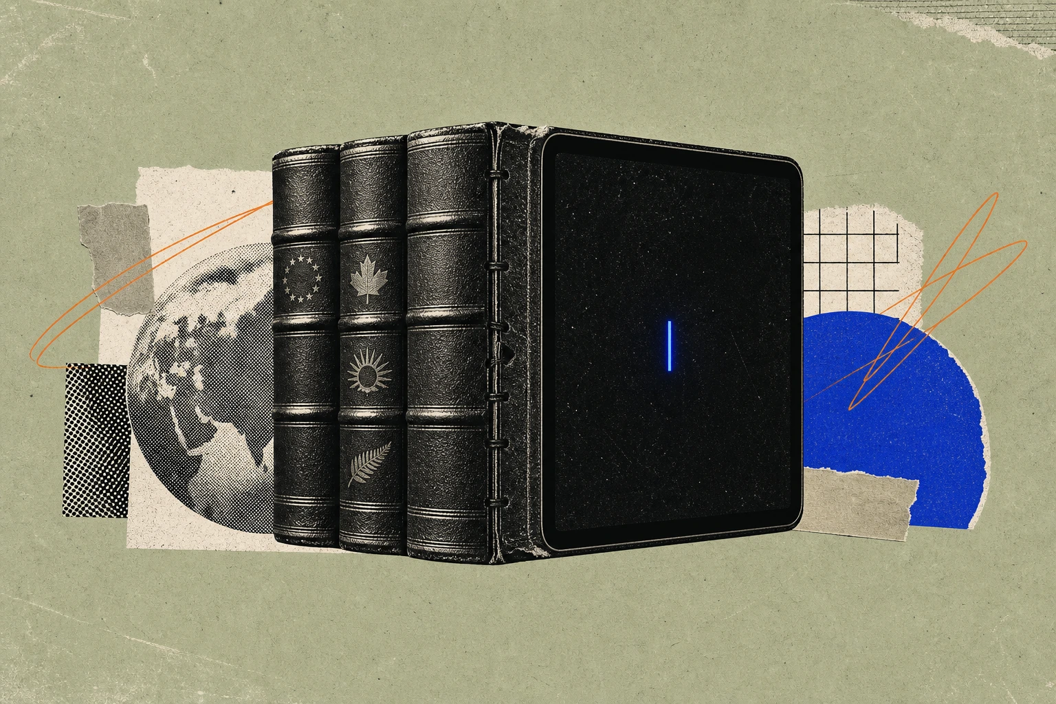 A stack of four leather-bound analyst pitch books, each embossed with a different subtle national mark, fused together at the spine into one slender tablet-sized screen displaying a blinking AI cursor