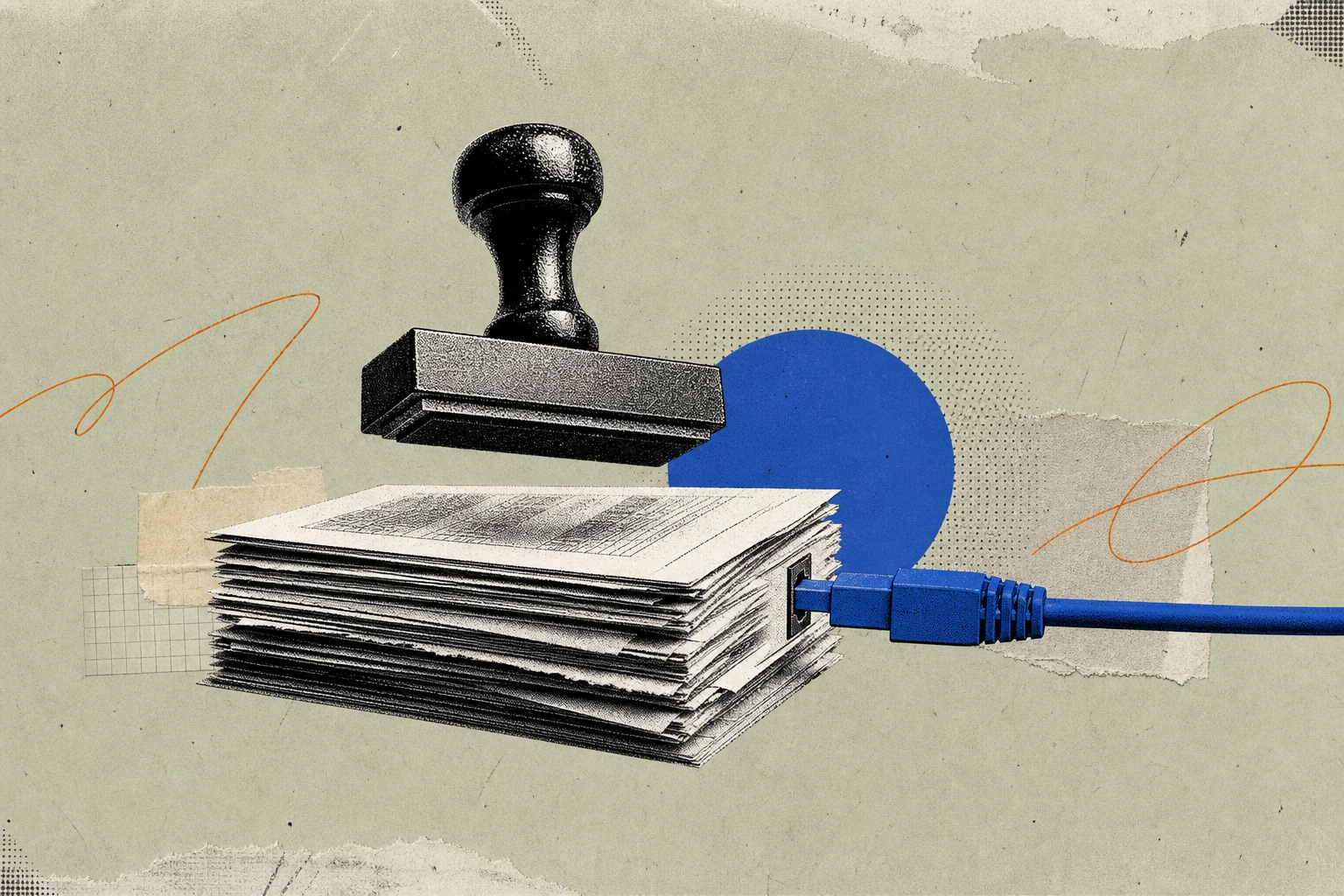 A heavy rubber compliance stamp poised mid-air above a transcript stack, frozen and disconnected, while beside it a single API connector cable plugs directly into the margin of the document ,  the gate