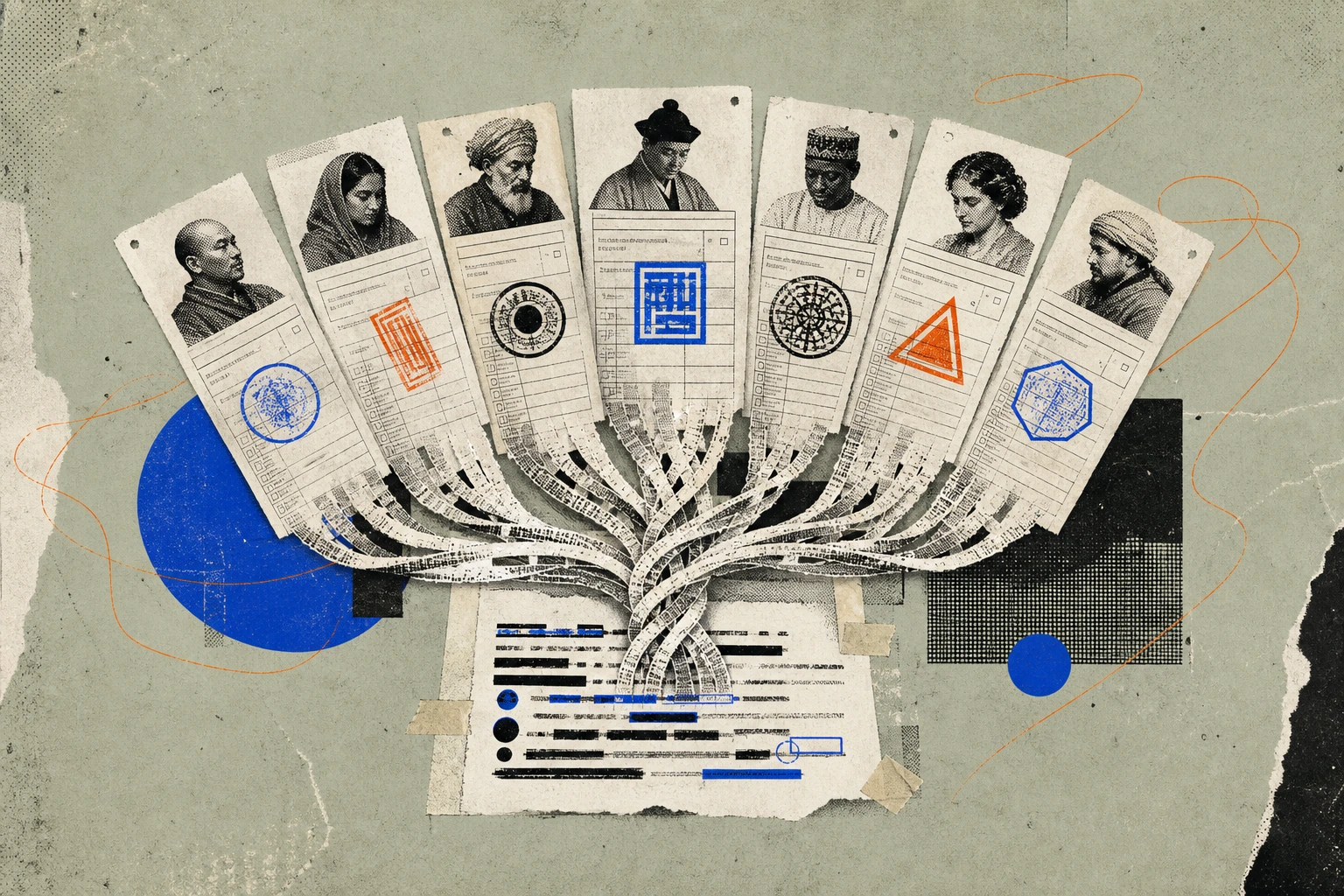 Seven expert-call invoice slips fanned out like a hand of cards, each stamped in a different foreign script and language header, their bottom edges frayed into ribbons of transcript text that braid to
