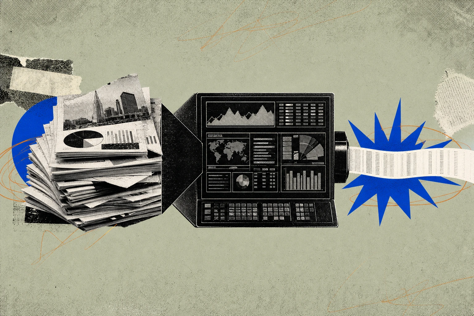 A towering stack of pitch-book pages and deal memos being drawn upward through the funnel of a Bloomberg-style terminal panel, emerging out the top as a single crisp ticker tape of AI-generated output