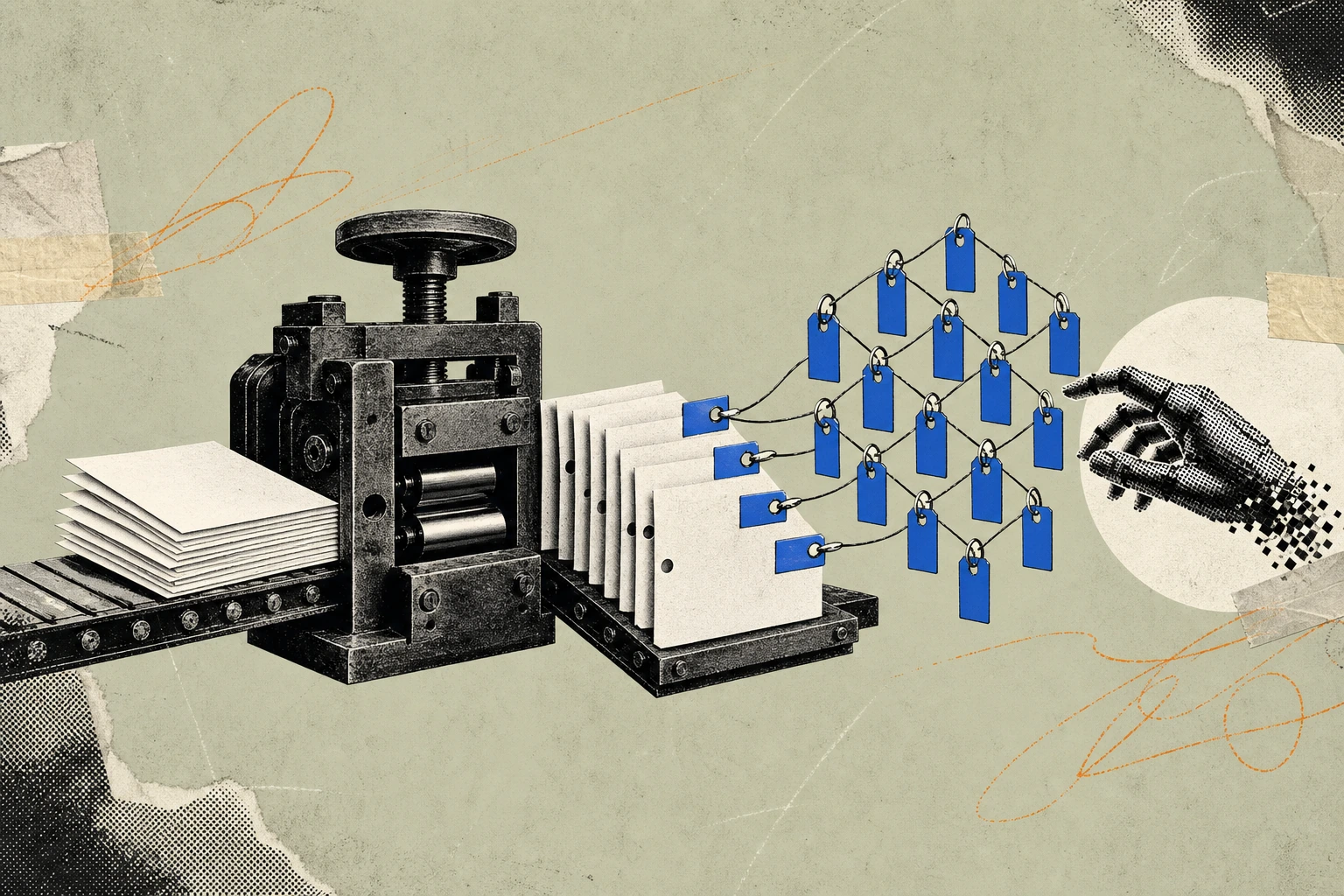 A stack of unstamped transcript pages sliding into a mechanical notary press on one side, emerging on the other as identical pages each tagged with a small hanging manifest tile ,  the tiles linking to