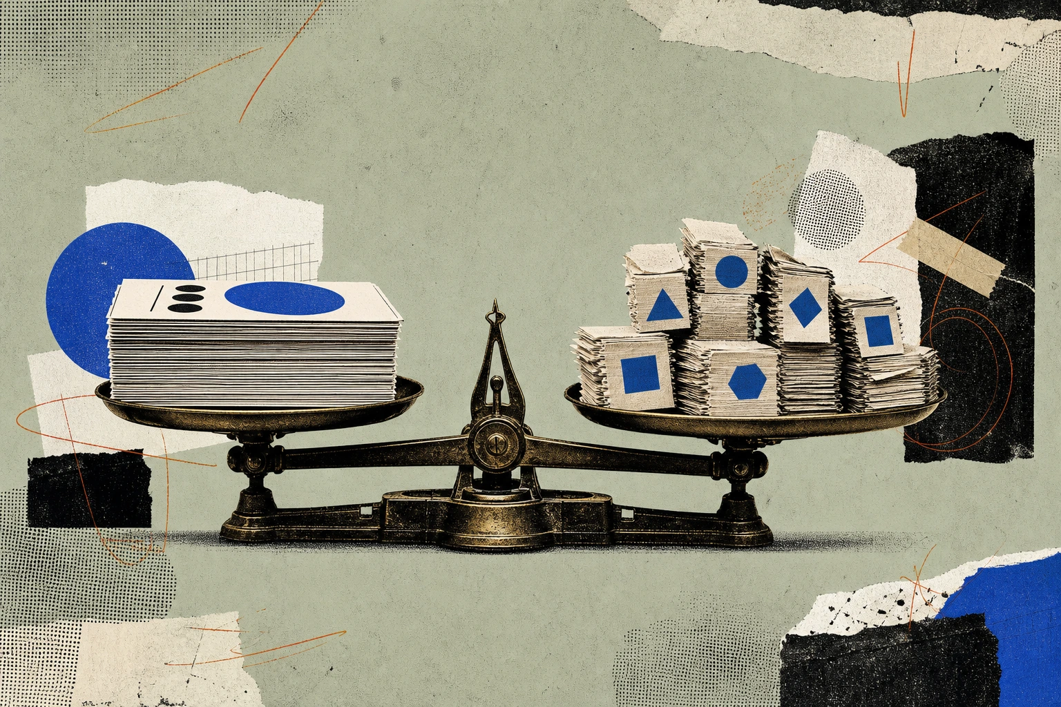 A stack of respondent-response cards being weighed against a stack of invoice slips on an old brass balance scale, the invoice side splintered into seven uneven sub-stacks each tagged with a different