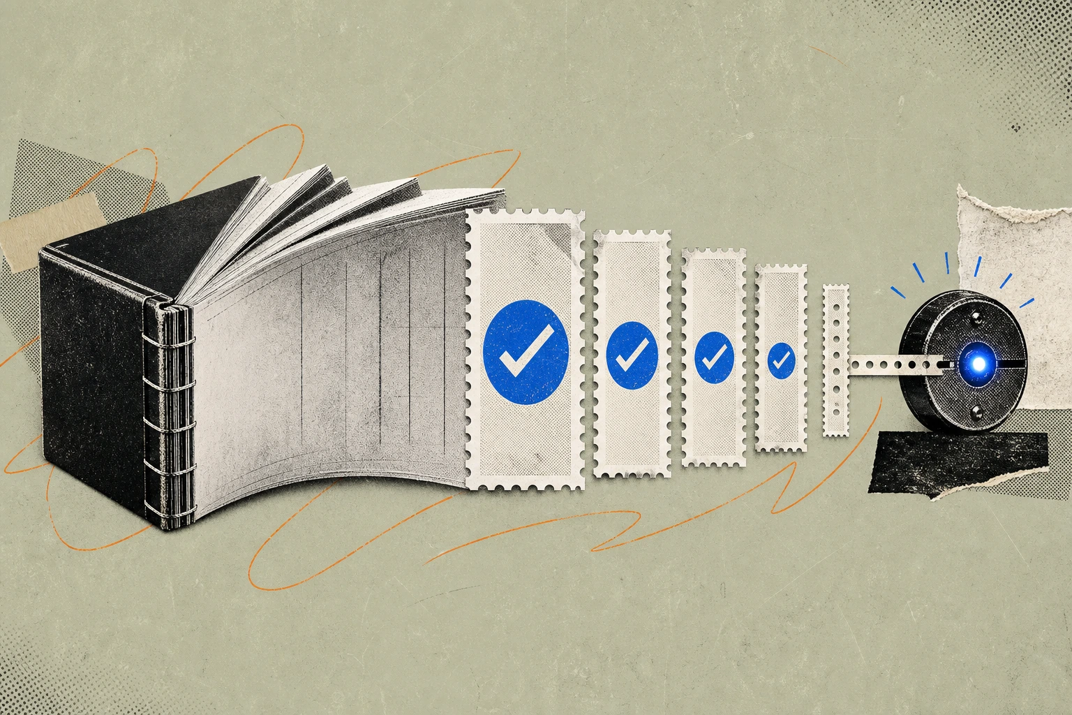 A thick expert-network transcript bound at the spine, fanned open so its pages transform mid-arc into seven progressively narrower compliance stamps ,  each stamp smaller and more perforated than the l