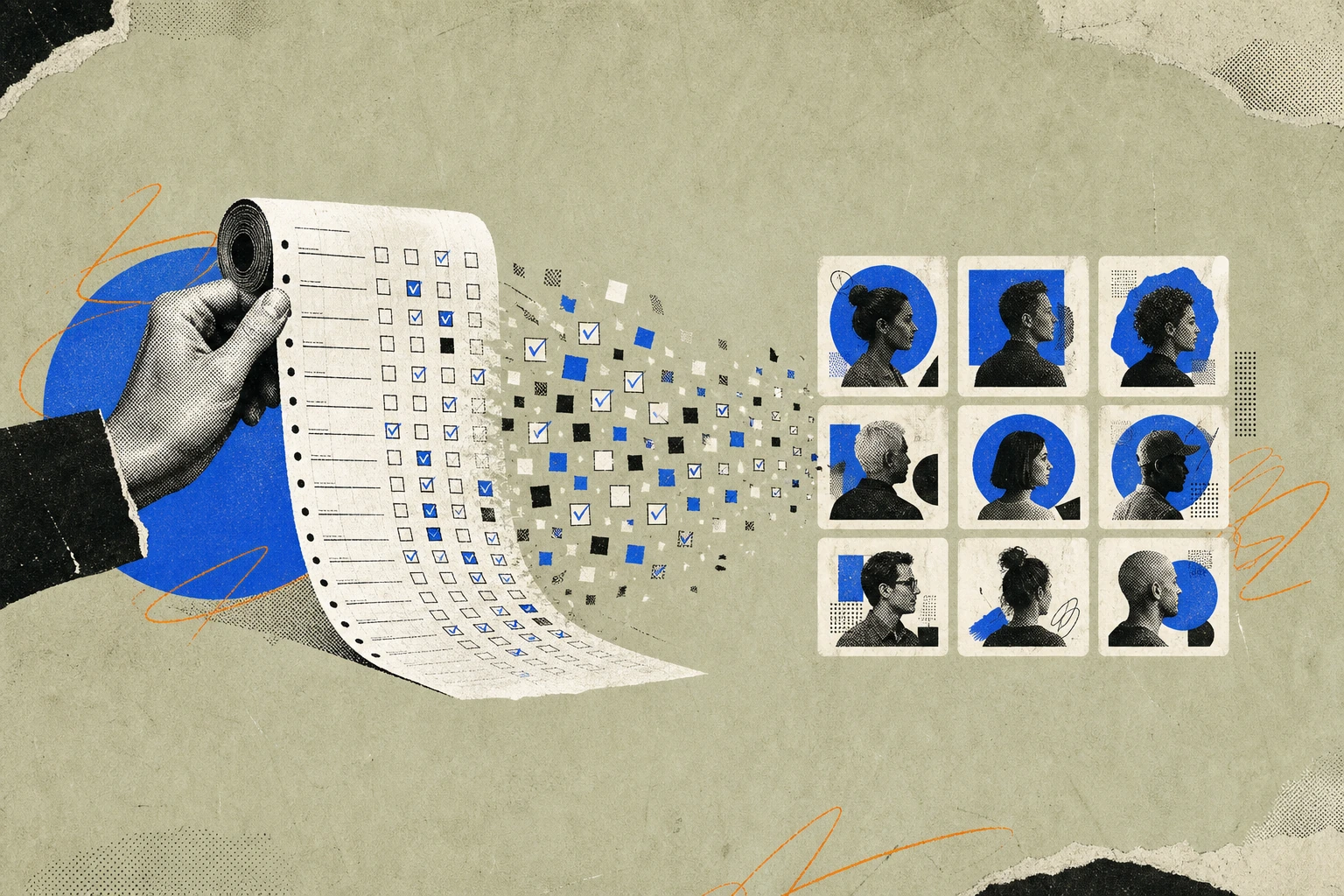 A long fielding-survey questionnaire scroll unrolling downward on the left, its rows of checkbox responses transforming as they fall into a compact grid of glowing persona profile cards on the right, 
