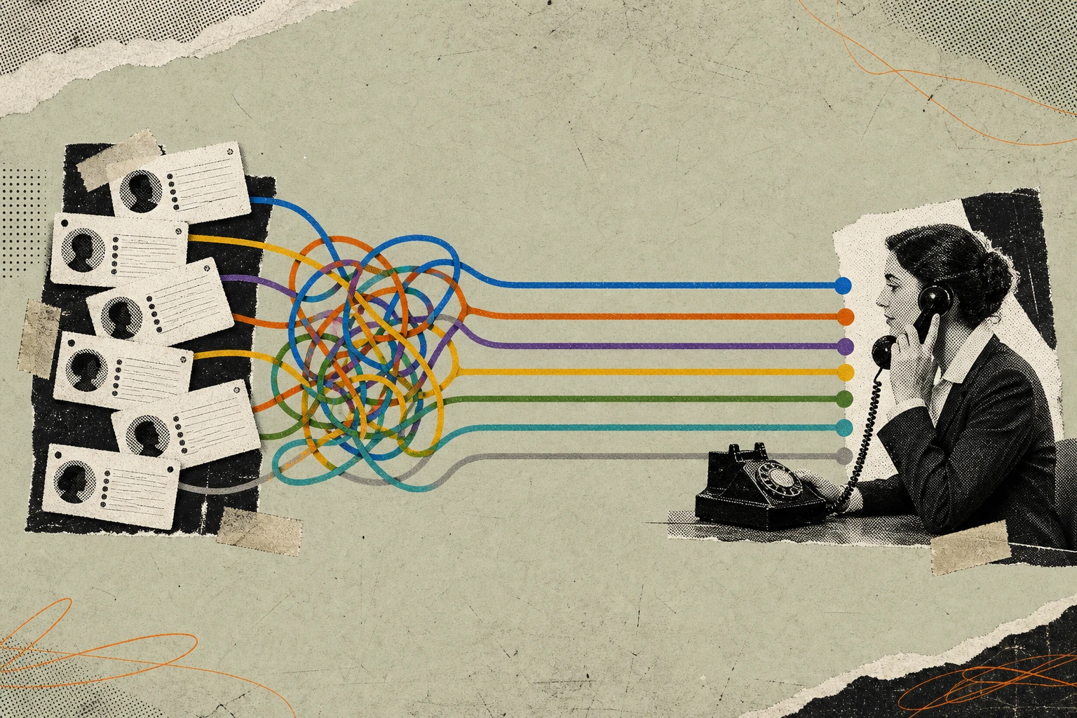 A tangled knot of seven expert-network intake forms on the left, unraveling rightward into seven parallel color-coded threads that each terminate cleanly at the receiver of a single ringing desk phone