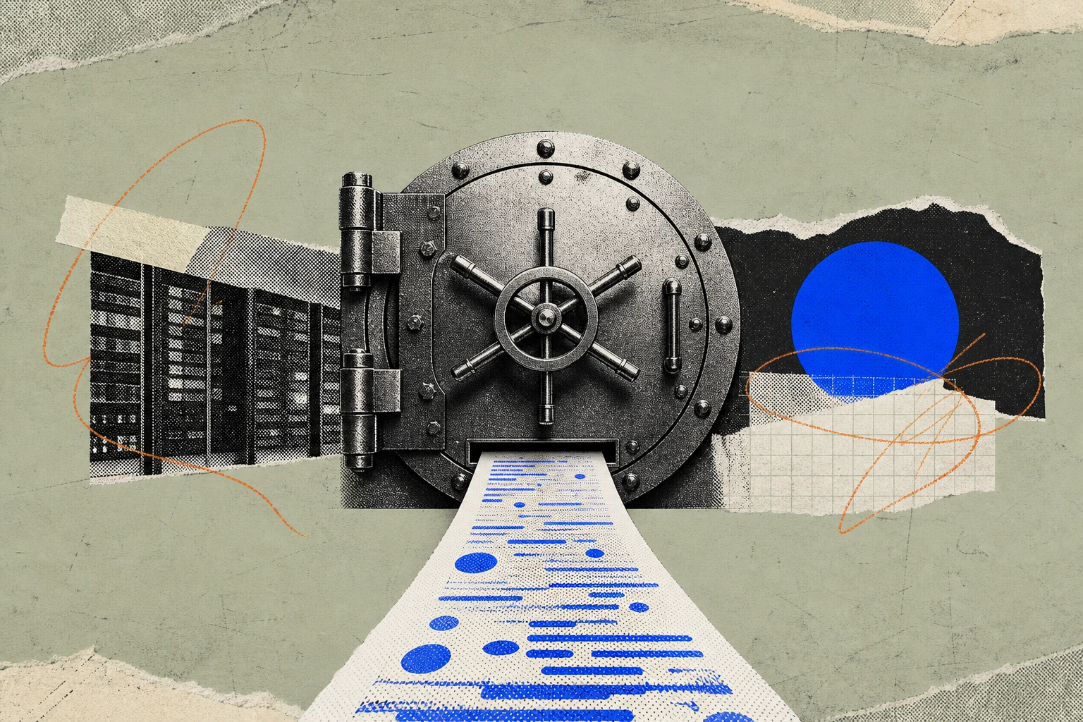 A heavy vault door left sealed shut, with a slim transcript ribbon of AI-generated answers sliding out through a precision slot at its base ,  the documents inside never leaving, only their distilled r