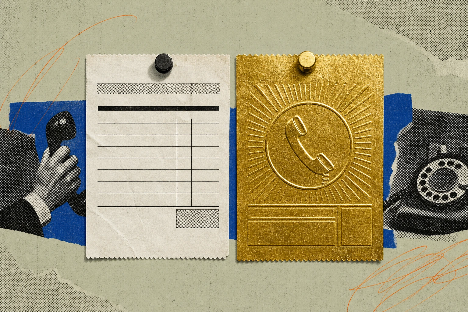 A traditional expert-call invoice slip printed at modest scale sitting beside a second invoice of identical dimensions but rendered in oversized, embossed gold foil stamped "30 MIN ,  $15,000," the two