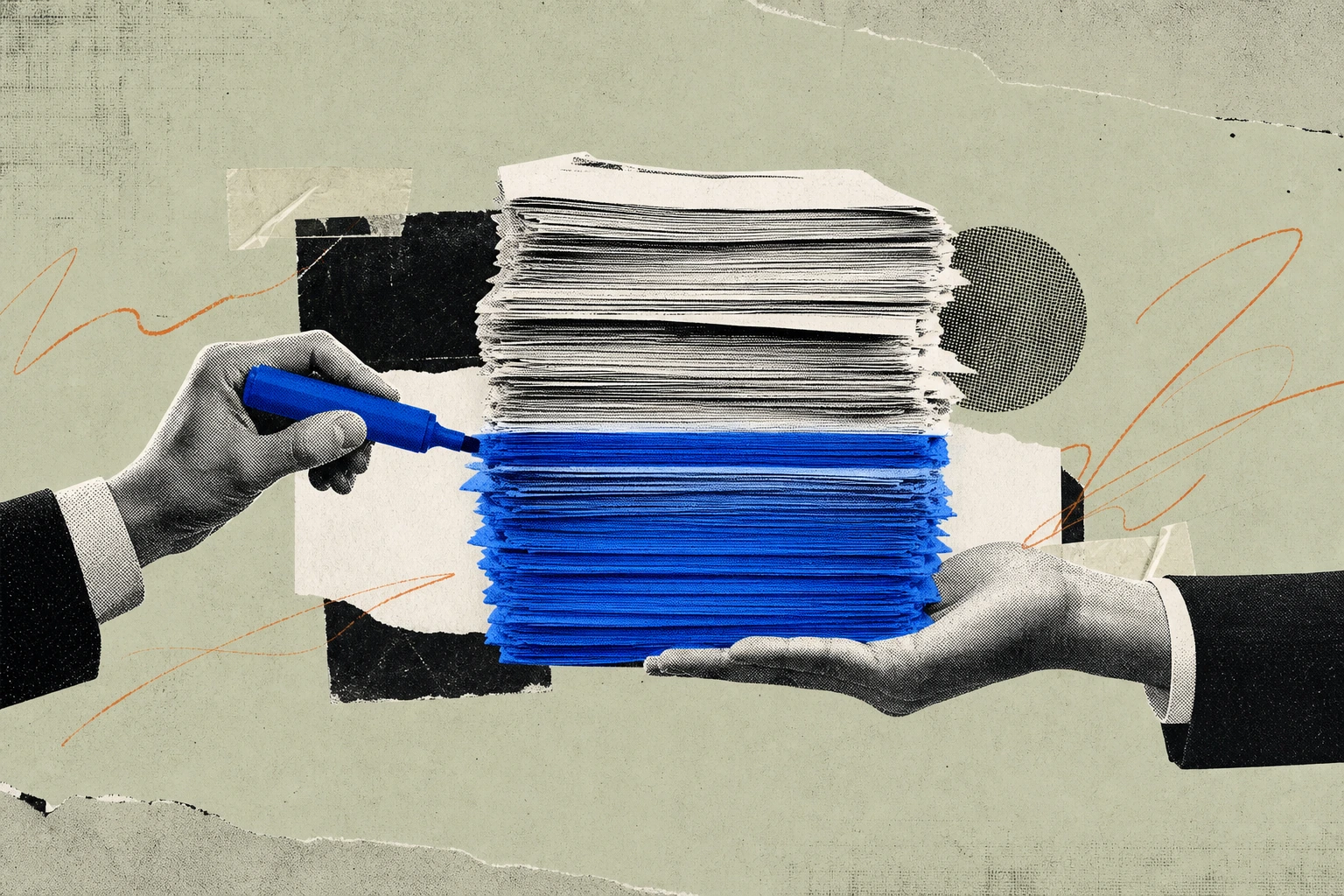 A tall stack of expert-call invoice slips bound together by a translucent compliance highlighter stroke running horizontally through every single page, the highlighter thickening at the base where the