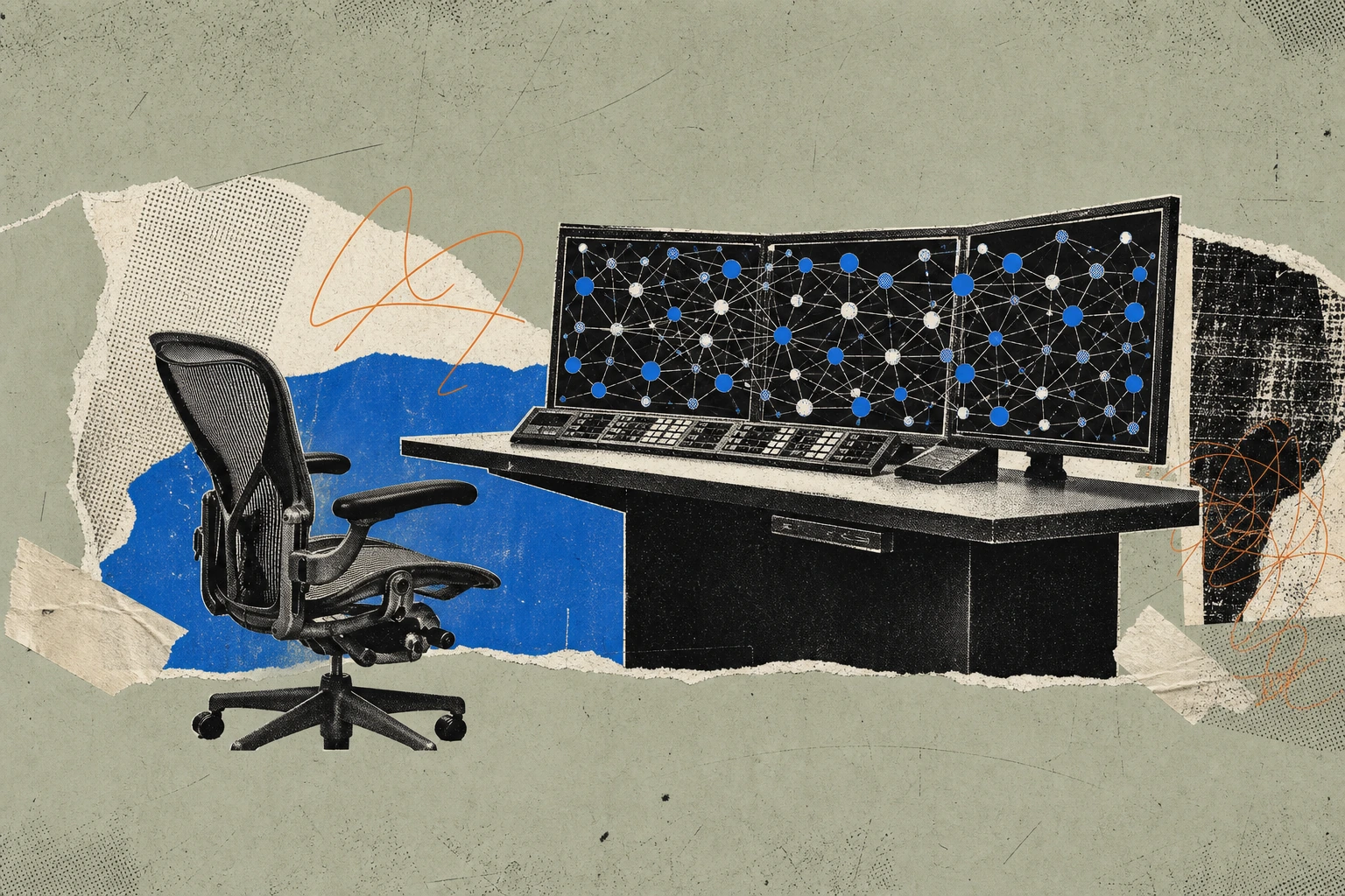 An empty ergonomic office chair pushed away from a Bloomberg-style terminal, the terminal's screen filled edge-to-edge with a lattice of interconnected agent nodes executing trades in place of a human