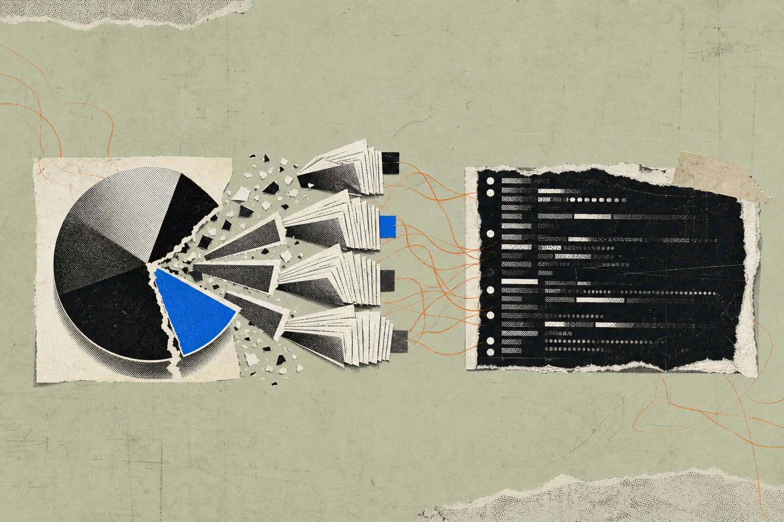A classic pie-chart portfolio tile cracking open mid-rotation, its slices unfolding into tiny stacked transcript pages that fan out into a terminal readout , holdings transforming into readable, query