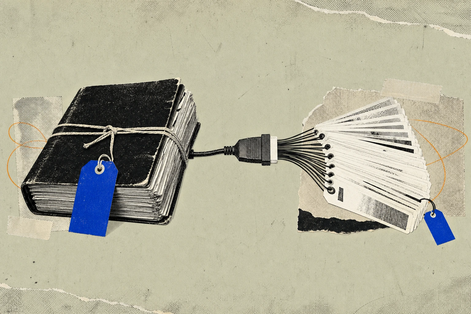 A premium dollar-denominated price tag dangling from a thick transcript dossier on one side, and on the other the same dossier reduced to a fan of tagged context-cards streaming through a connector ca