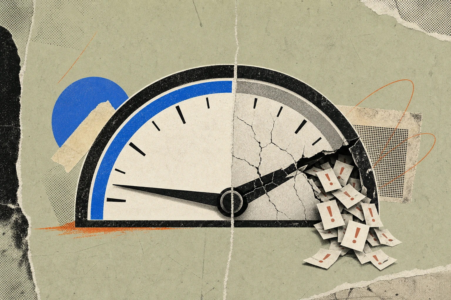 A sales dashboard gauge split down the middle: the left half a soaring productivity needle pinned to the high end, the right half the same needle cracked and leaking a stream of incident-report slips