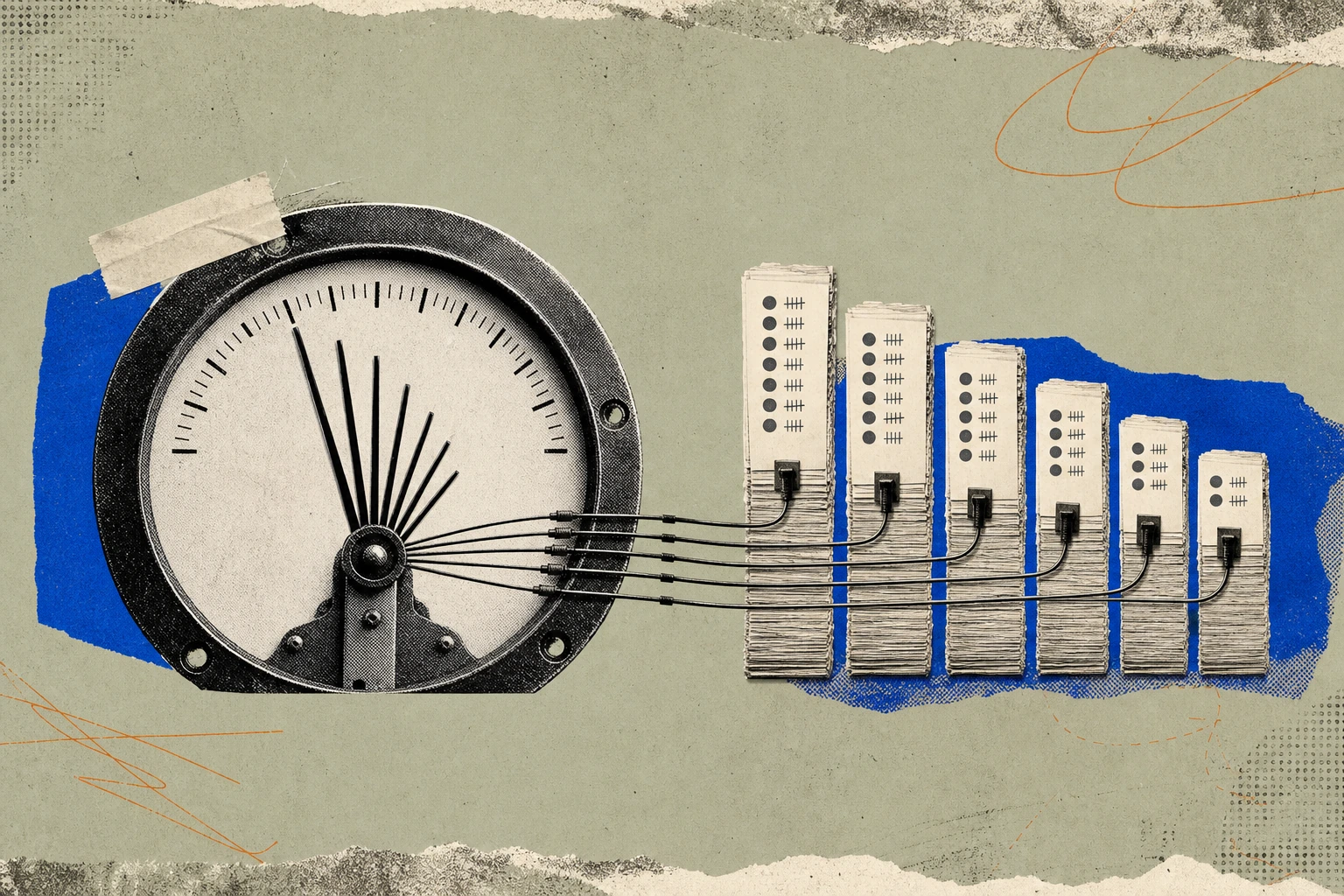 A vintage call-meter dial with its single needle sawed off, replaced by seven parallel needles of different lengths radiating from the same pivot, each one wired to a small stack of tallied survey-res