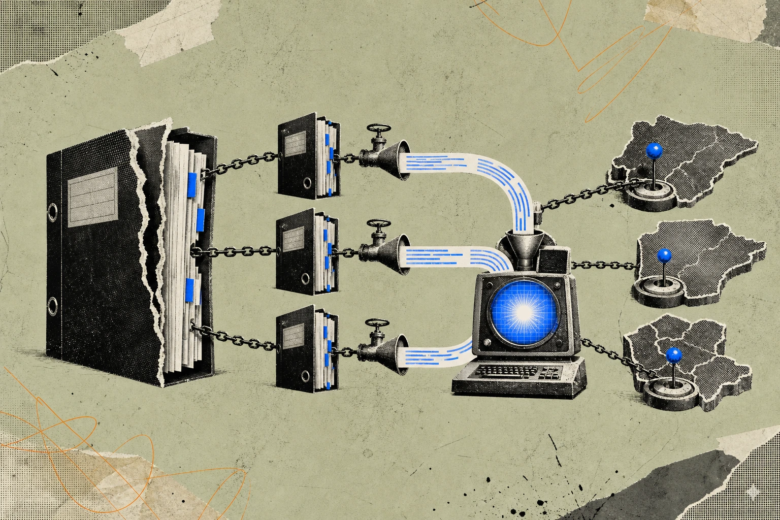 A bound transcript library binder, its spine splitting open into three smaller regional binders chained to separate territorial sockets , each binder leaking a controlled trickle of highlighted lines
