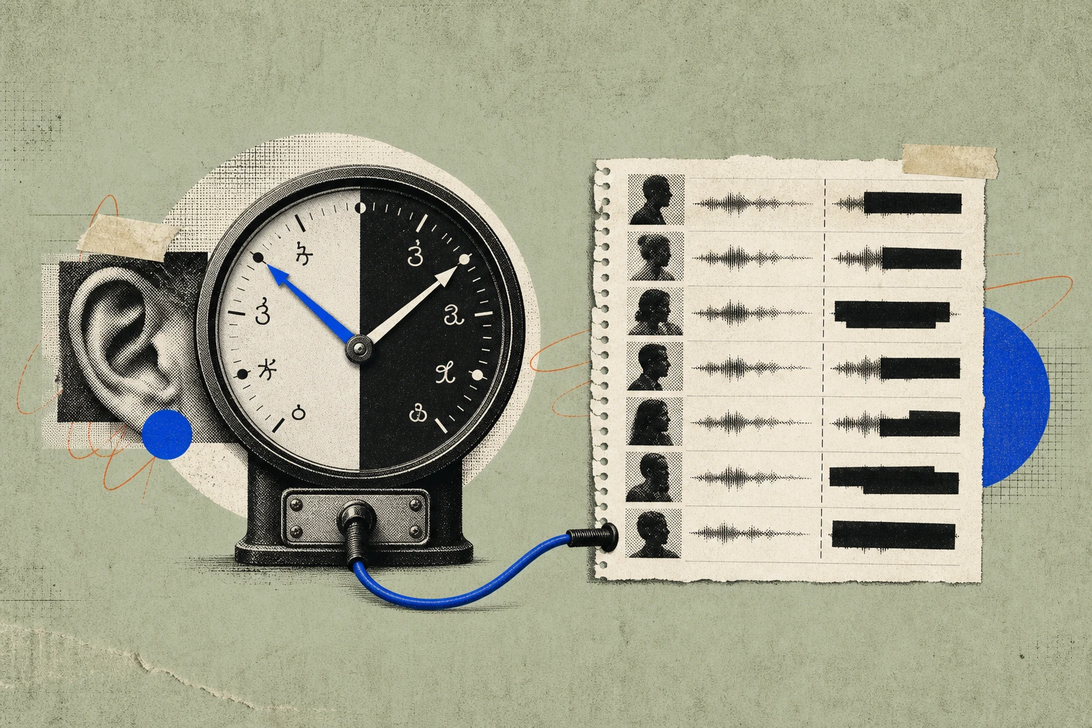 A call-meter dial with two needles spinning in opposite directions over a face marked in two alphabets, its output cable feeding a transcript page where every line appears twice ,  once in source scrip