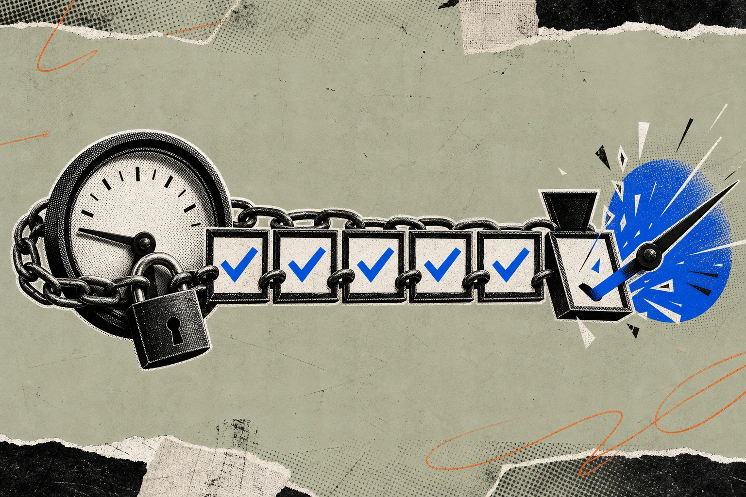A locked call-meter dial wrapped in a chain of seven interlocking compliance checkboxes, the final box clicking open to release the dial's needle into its first live tick.