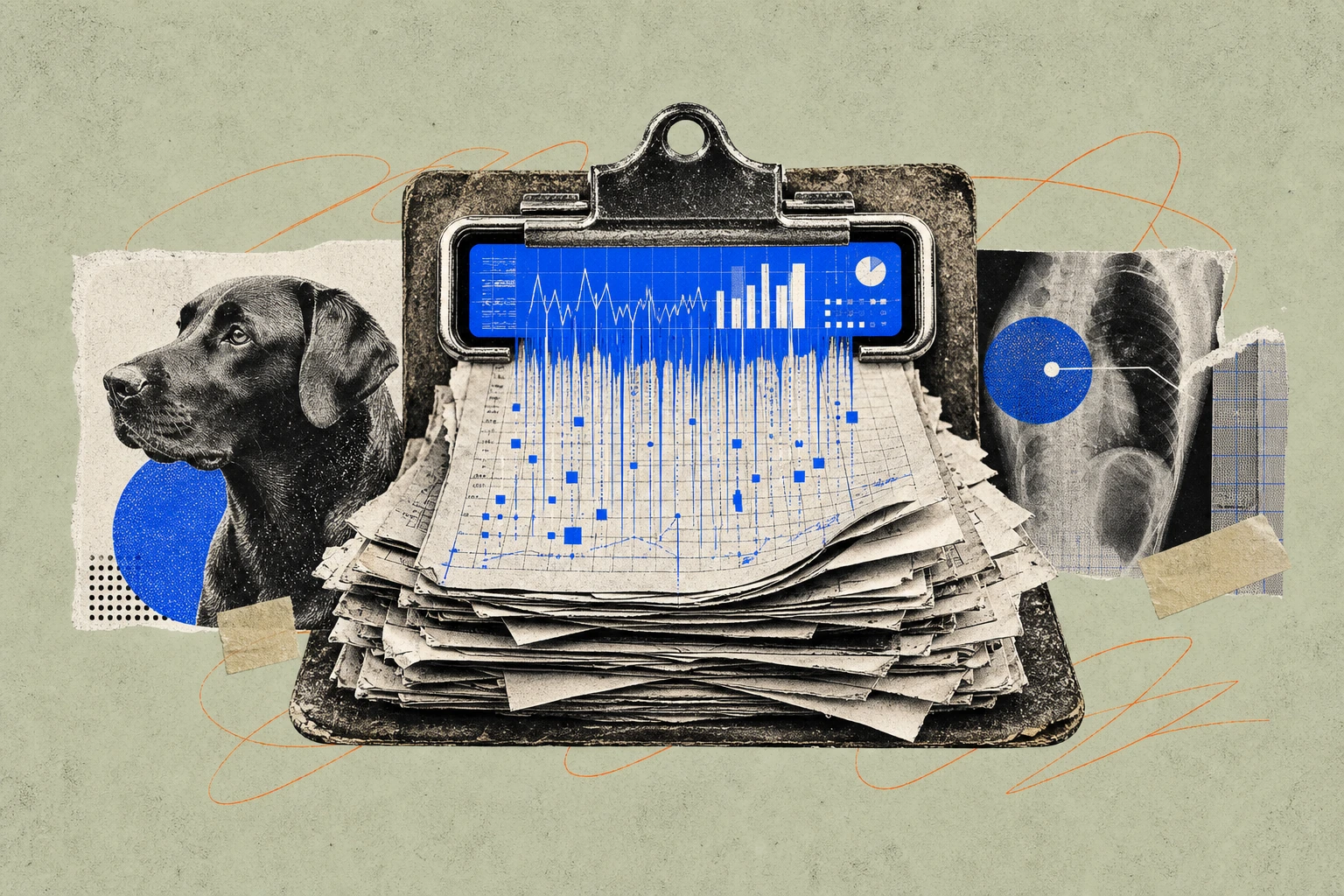 A weathered physician's clipboard stacked with 25 years of dog-eared patient charts, its metal clip transforming at the top into the bezel of a glowing analytics terminal streaming live healthcare dat