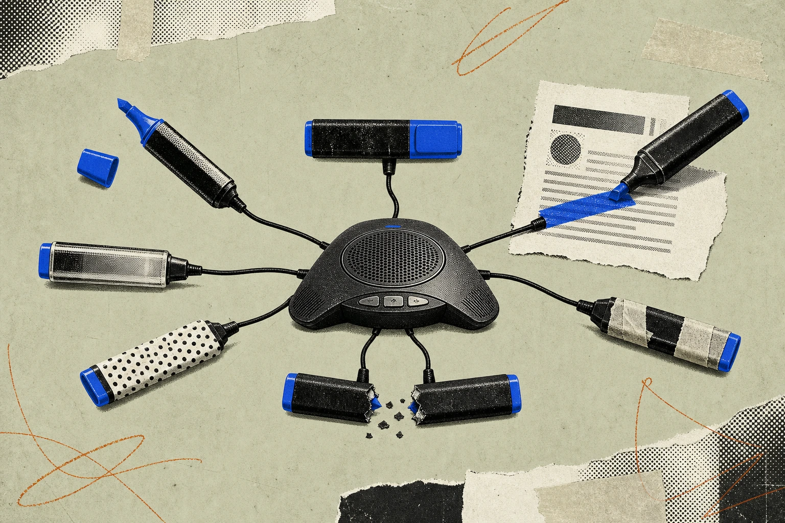 A conference-call speakerphone at the center with seven cables radiating outward, each cable terminating in a differently-styled highlighter , one uncapped and poised, one capped shut, one mid-stroke
