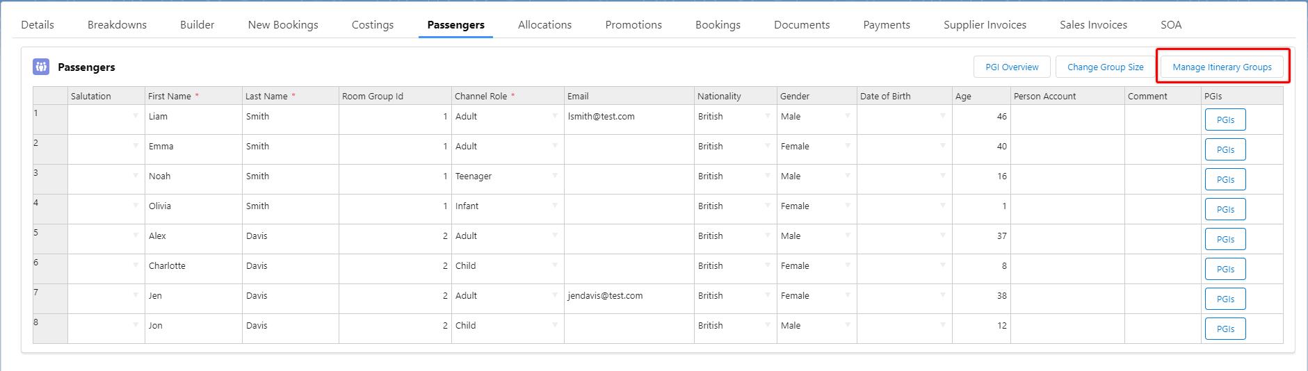 Manage Itinerary Groups button
