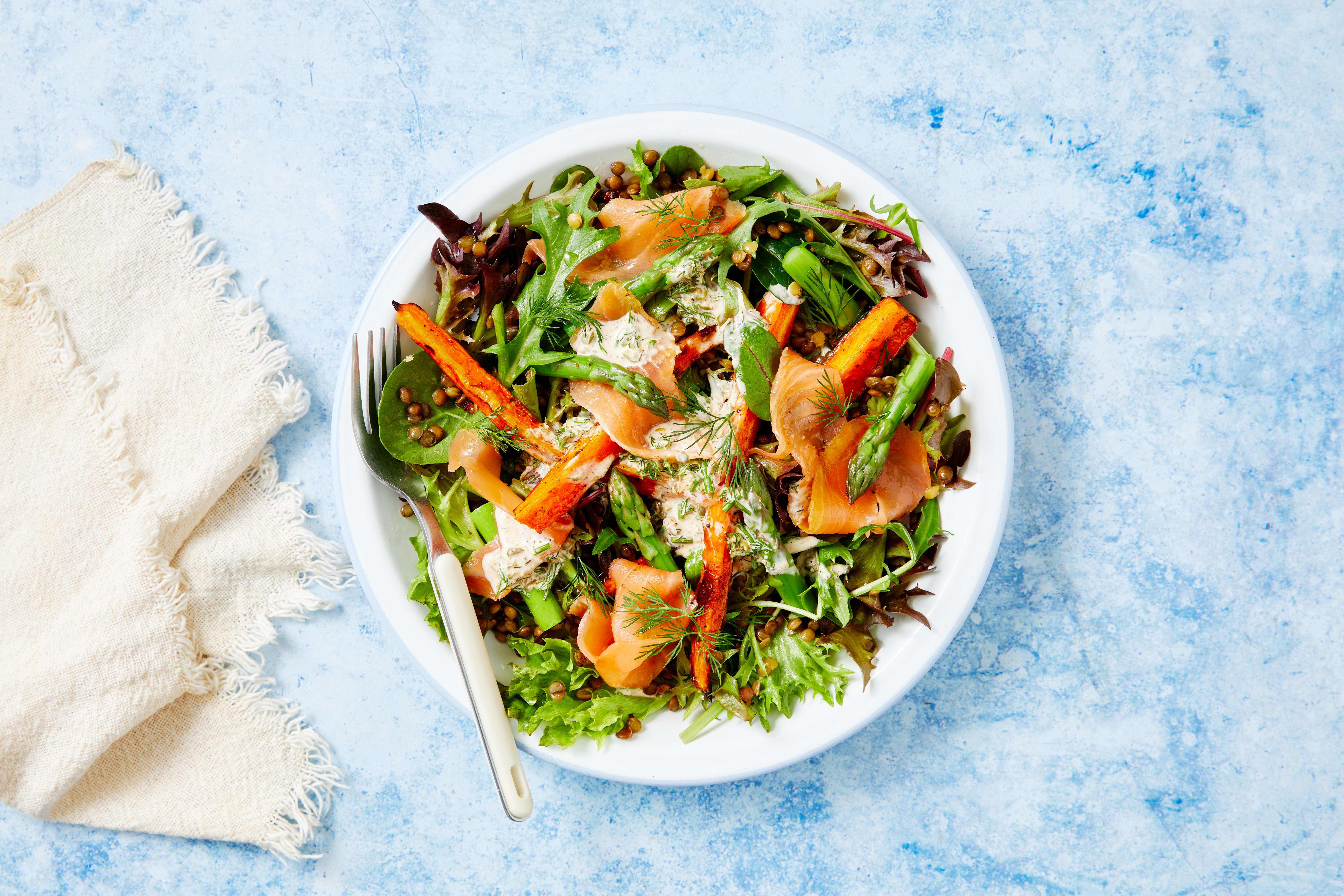 Smoked Salmon-Asparagus Salad with Lentils, Dill & Spicy Mayonnaise
