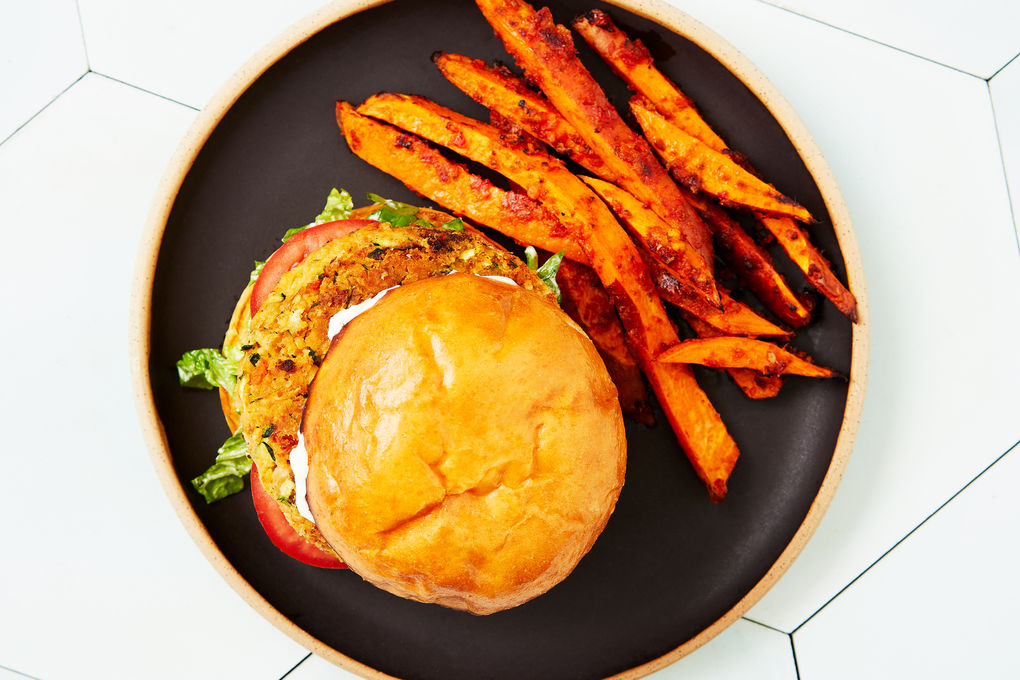Chickpea and Zucchini Burgers with Sweet Potato String Fries