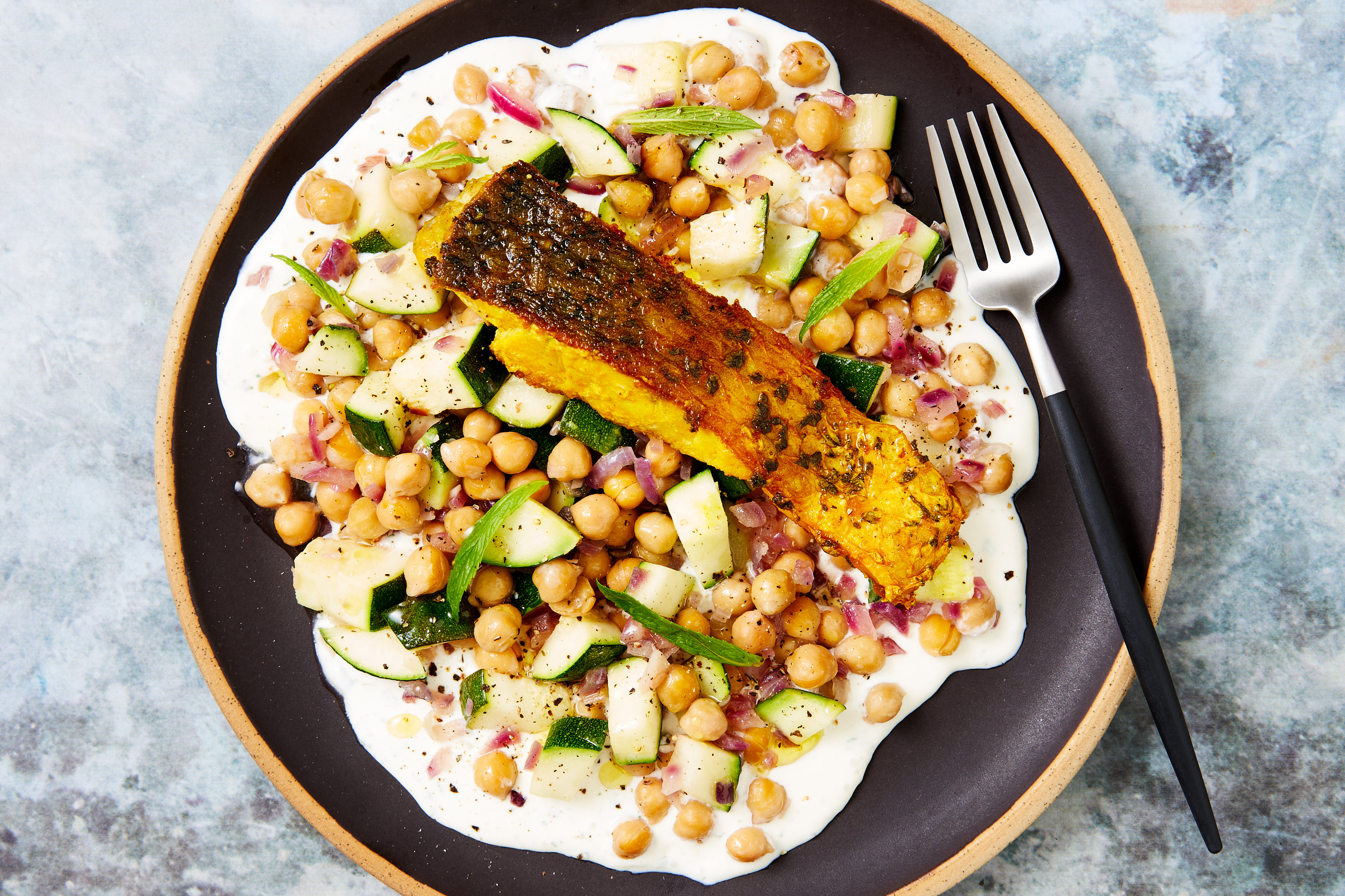 Turmeric Seared Barramundi with Minted Yoghurt & Chickpeas