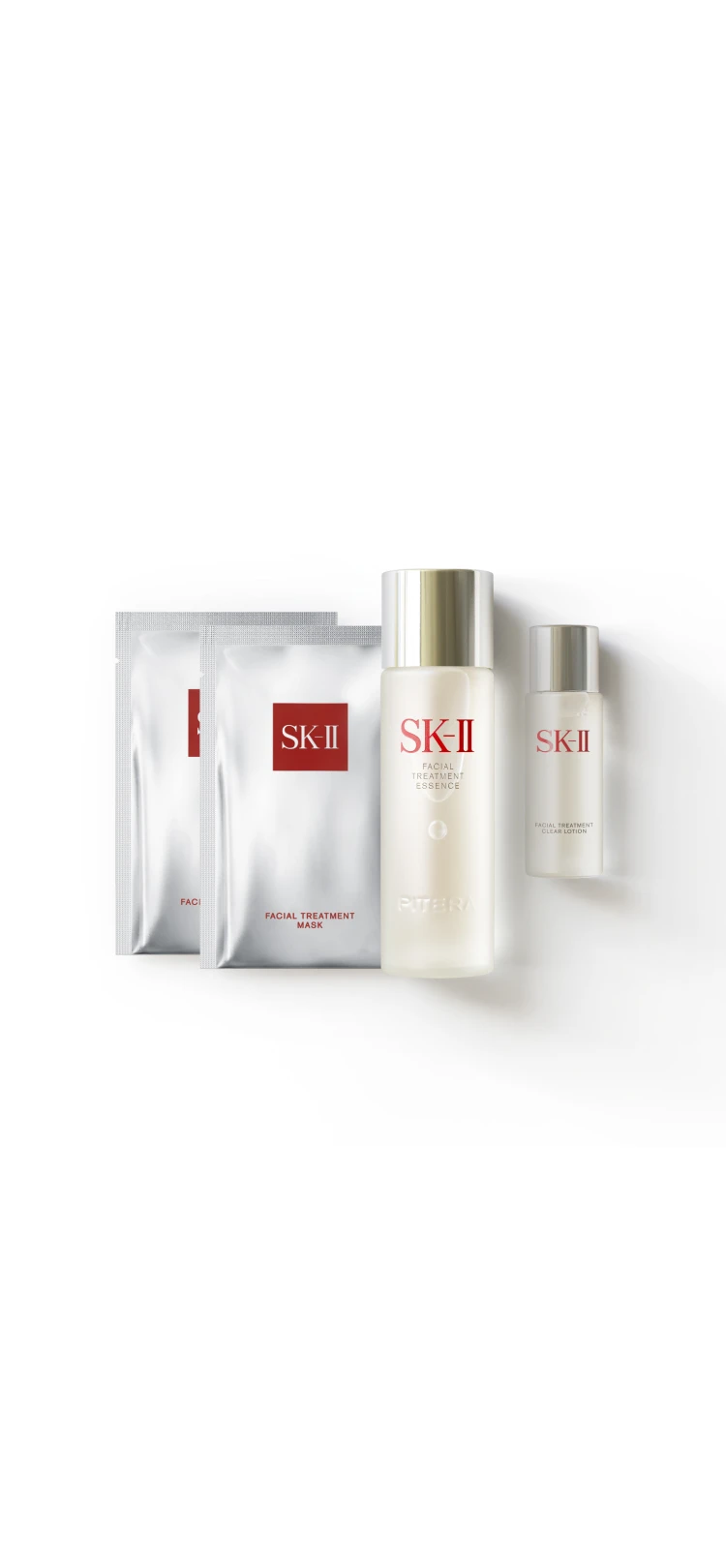 SK-II PITERA™ First Experience Kit is a SK-II set with all bestselling PITERA™ essentials! Contains Facial Treatment Essence, Clear Lotion, and Mask, for glowing skin. 