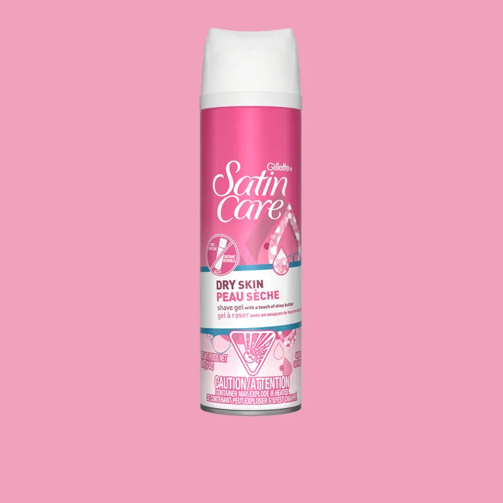 Gillette Satin Care Dry Skin shave gel can front view on pink background