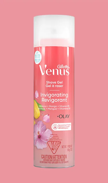 Gillette Venus Invigorating shave gel can on a pink background