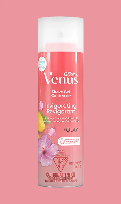 Gillette Venus Invigorating shave gel can on a pink background