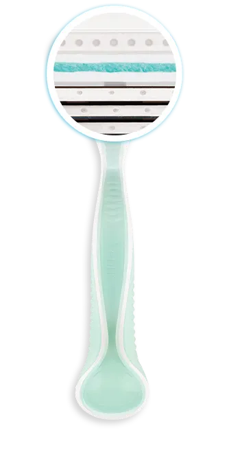 Light green refillable razor with a zoom-in segment of its lubastrip glide