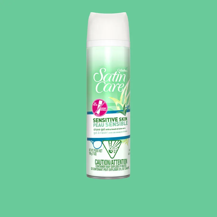 Gillette Venus Satin Care Sensitive Skin shave gel can with green bottle and white cap