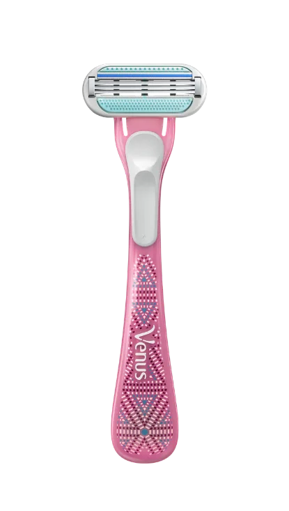 Pink 3 bladed razor with an oval razor head containing lubastrip
