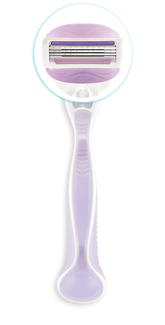 Purple refillable razor with a zoom-in segment of its razor head