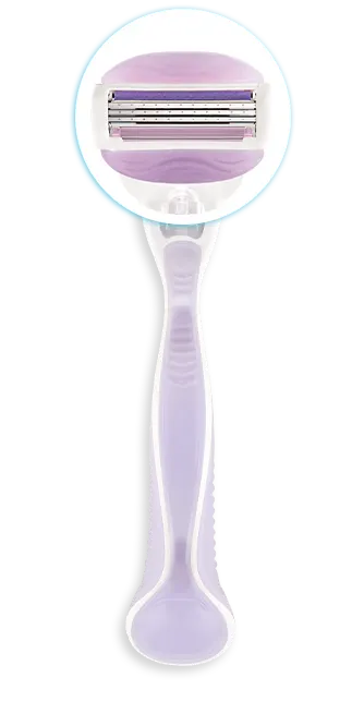 Purple refillable razor with a zoom-in segment of its razor head