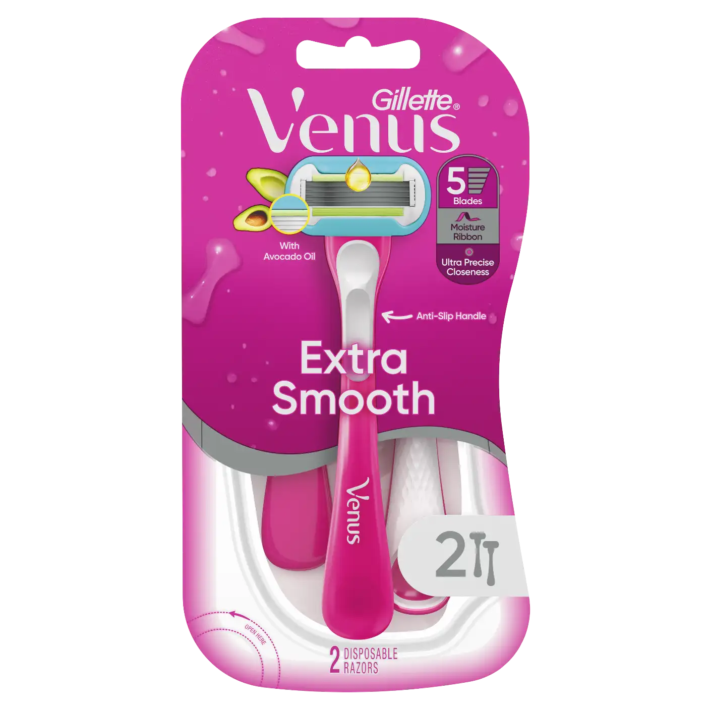 Gillette Venus Extra Smooth disposable razor pack of 2 with text stating 5 blades and avocado oil