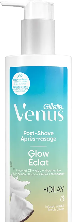 Gillette Venus Glow Post-Shave Oil Infused Moisturizer bottle, uses a pump instead of a regular cap