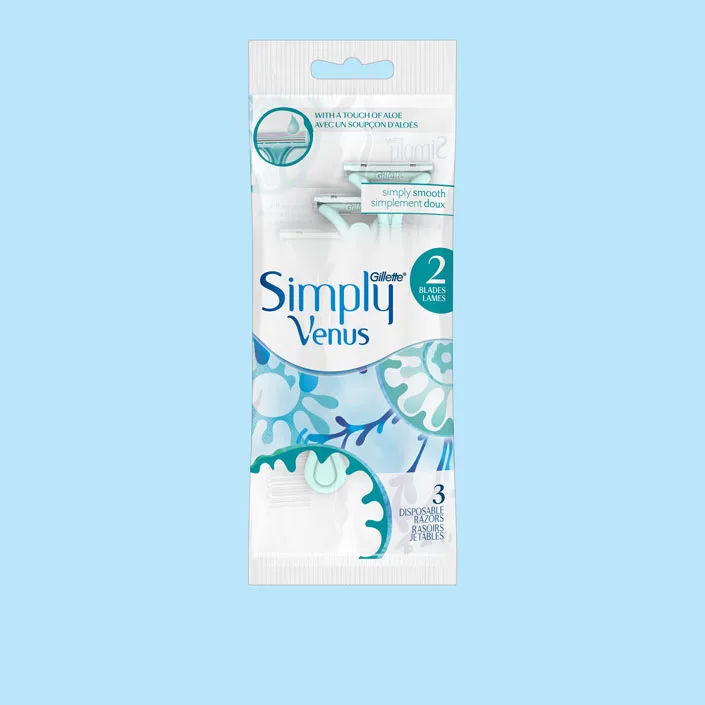 Gillette Venus Simply 2 disposable razor pack with 3 razors and text stating 2 blades