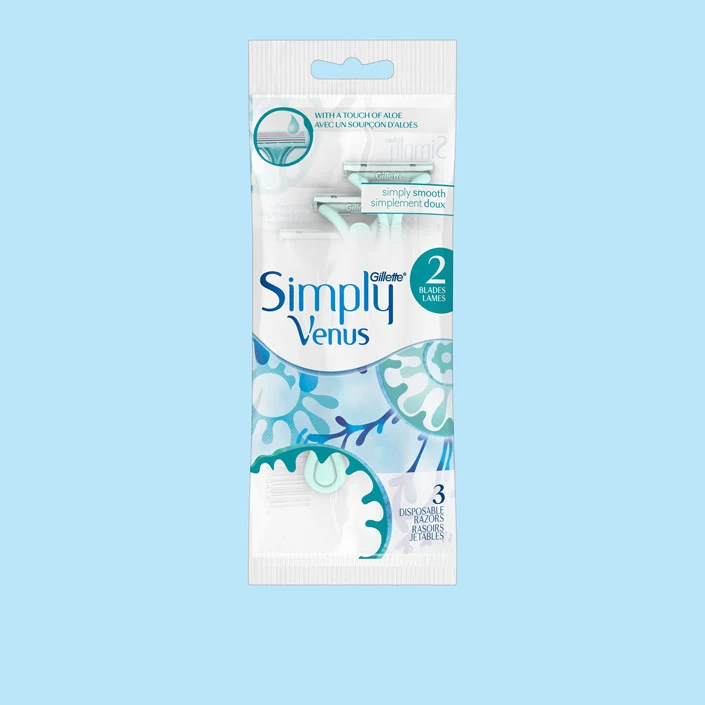 Gillette Venus Simply 2 disposable razor pack with 3 razors and text stating 2 blades