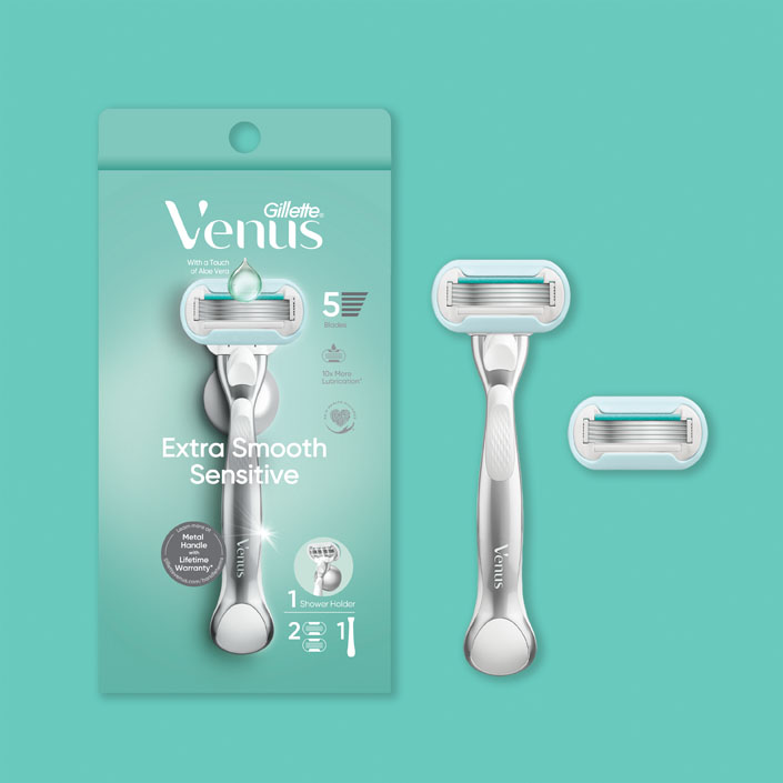 Venus Extra Smooth Sensitive Refillable Razor with 5 blades, the package to the left includes one handle and two refills, in the middle is a handle with a mounted refill and the refillable head is displayed on the right side of the image.