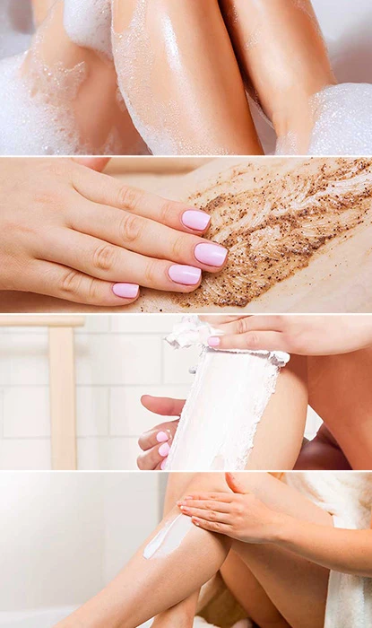 Collage of four pictures showing female legs in a bubbly bath, female hand applying brown scrubbing product to her leg, woman wiping off hair removal cream from her leg, and a woman applying cream to her leg