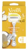 Silver refillable Gillette Venus razor with a yellow razor head in packaging