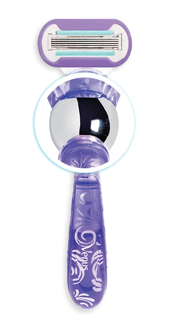 Purple coloured refillable razor with a zoom-in segment of its Flexi-ball segment