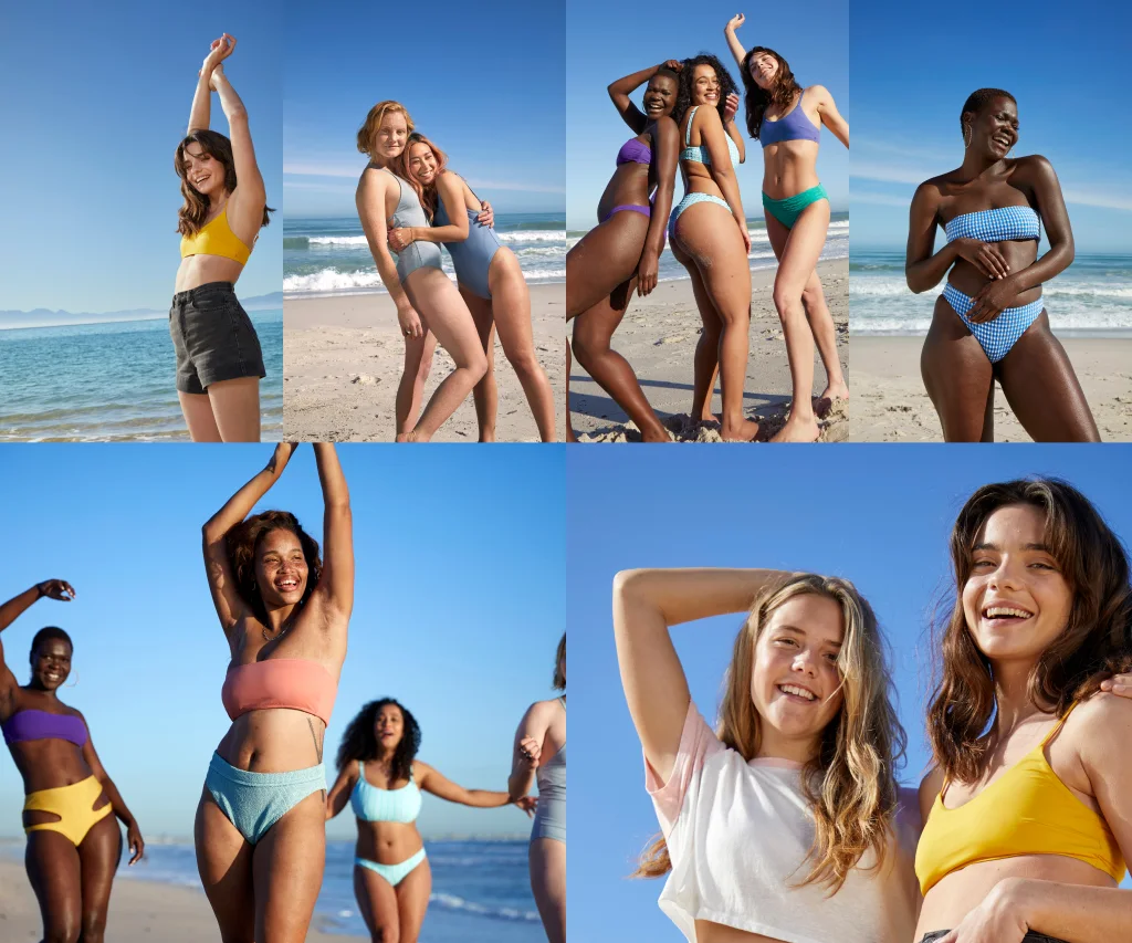 A collage of pictures containing happy women on a beach